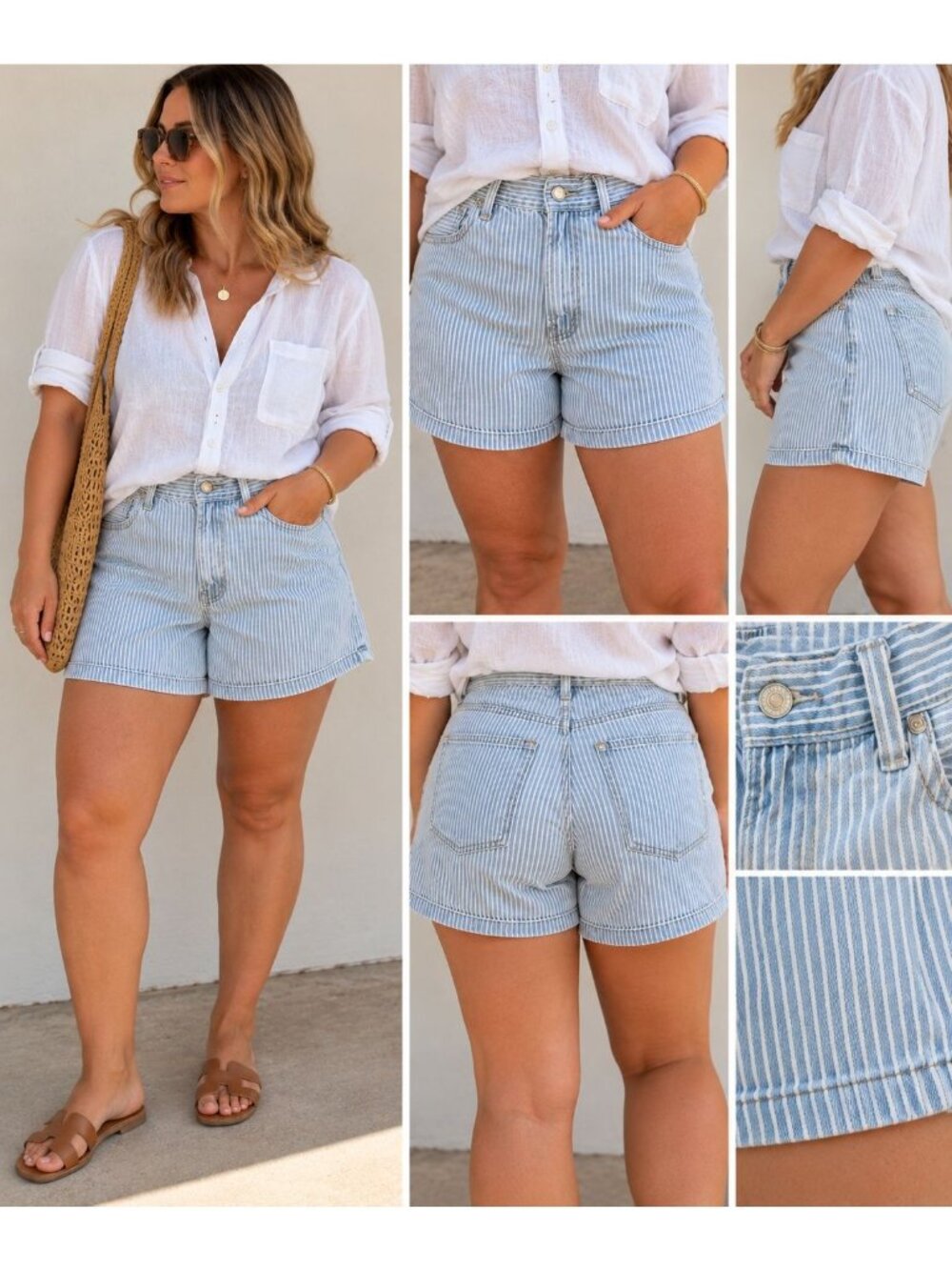 Old Navy High-Rise Baggy Striped Denim Shorts Size 12 100% Cotton Blue & White